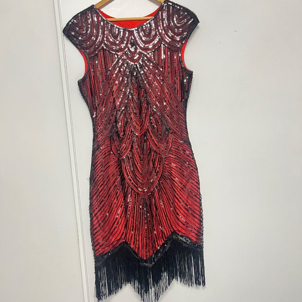 Flapper Red Black Sequin Dress With Fringe Hem Size XL